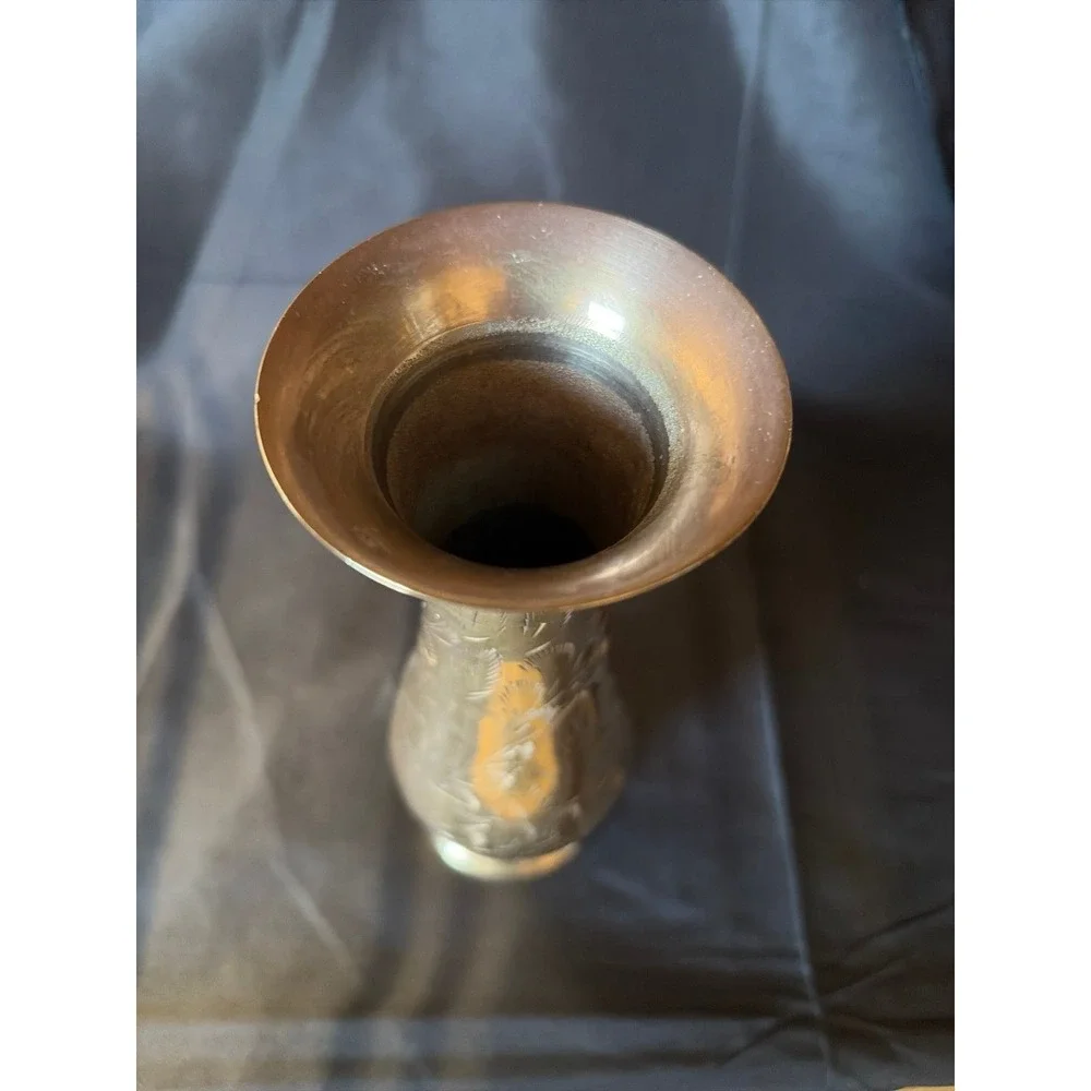 Vintage etched brass trumpet bud vase